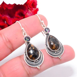 Copper Black Obsidian, Rainbow Mystic Fire Topaz 925 Silver Earring 1.76 Sku53 - Picture 1 of 2