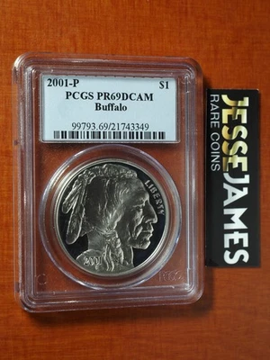 2001 P PROOF SILVER BUFFALO COMMEMORATIVE DOLLAR PCGS PR69 DCAM BLUE LABEL - Image 1 of 2