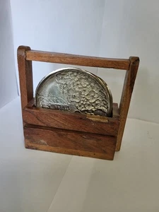 Vtg Aluminum Metal Floral Coasters With Wood Holder Set Of 4 Cherry Blossoms - Picture 1 of 10