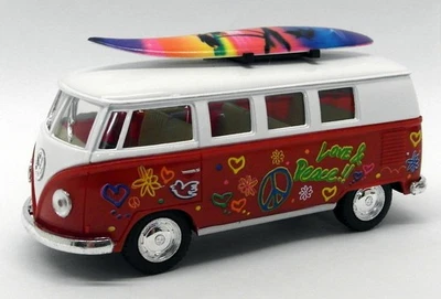 1962 VW Camper w/ Surfboard - Red - Kinsmart Pull Back & Go Metal Model Car - Image 1 of 4