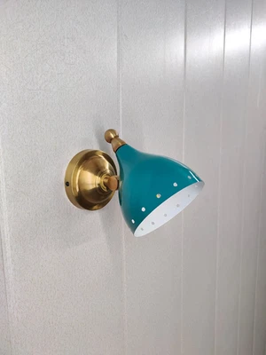 Brass Adjustable Wall Sconce –Mid-Century Modern Teal Lamp, Retro Light Fixture, - Image 1 of 4