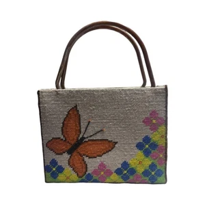Vintage 1970s Butterfly Needlepoint Tote Bag – Handmade USA, Lined One-of-a-Kind - Picture 1 of 11