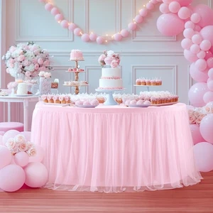 60 Inch Pink Round Tulle Table Skirt with Top Table Cover Wrinkle Free Ruffle... - Picture 1 of 8