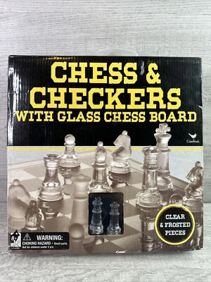 CARDINAL CHESS AND CHECKERS SET W/ GLASS BOARD - CLEAR & FROSTED PIECES ages 8+ - Image 1 of 4
