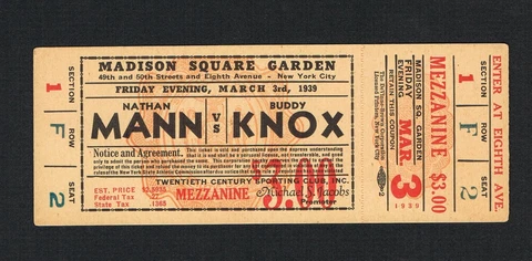 RARE 1939 MSG boxing ticket NATHAN MANN vs BUDDY KNOX Perroni Dorazio Comiskey Cover