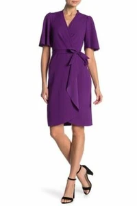 Donna Morgan Short Flutter Sleeve Crepe Faux Wrap Dress NWT - Bright Purple - Picture 1 of 2