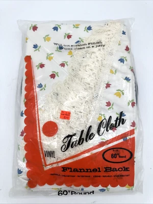 Vintage Vinyl Flannel Back Tablecloth Flowers Design 60” Round Hanging Lace - Image 1 of 4