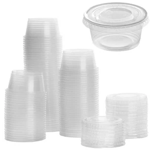 80PC Disposable Take Away Small Sauce Containers w/ Lids Clear Plastic Cups 2oz. - Picture 1 of 1