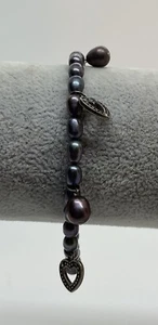 "Brazalete de plata esterlina gris perlas de agua dulce corazones colgantes marcasita 7""" - Imagen 1 de 5