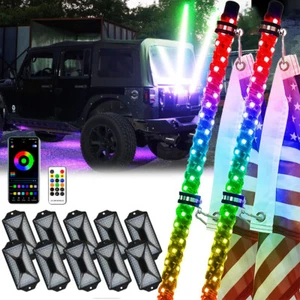 For Jeep Wrangler 2x 4ft Spiral RGB LED Whip Light + 10Pods RGB LED Rock Light - Picture 1 of 12