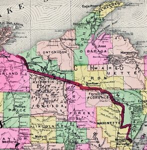 1897 WISCONSIN Map ORIGINAL Lake Superior Ashland Apostle Islands Menominee