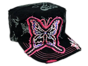 Black Cadet Pink Butterfly Castro Cap Army Hat Vintage Visor Jewel - Picture 1 of 4