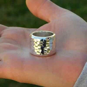 Anello a fascia larga martellato 14 mm argento sterling massiccio anello da uomo donna anello tutte le misure - Foto 1 di 3