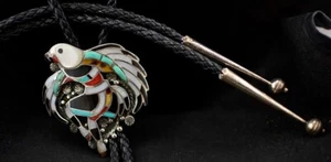 1960s Zuni Bolo Tie; Silver and Raised Channel Inlay Eagle Dancer by John Lucio - Picture 1 of 6
