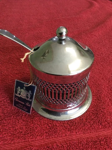 Vintage Chromium Plated Mustard Pot With Cobalt Blue Dish Cover