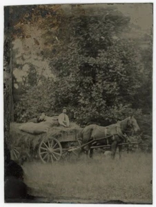 Two Men on Horse Drawn Wagon Hauling Hay in Farm Scene Tintype Photo - Picture 1 of 2