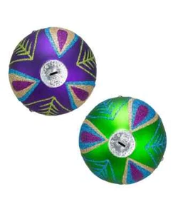 80MM Glass Glittered Peacock Purple and Green Ball Ornaments, 6-Piece Box - Picture 1 of 5