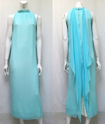 Vestido Columna Cuentas Gasa Aqua Años 60 De Colección con Bufanda Extraíble - Talla S Foto 1 de 4