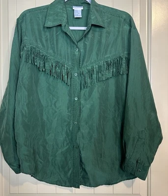 Vintage Backroad Blues 100% Silk green Fringe Western Rodeo Button Up Blouse S - Image 1 of 4