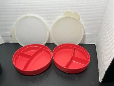 Two Tupperware to go Lunch Round w/ Compartments Red 2552A-2 New Never Used - Image 1 of 4
