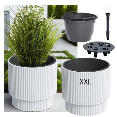 Blumenkübel Zylindrisch Rund XXL Weiß mit Einsatz & Bewässerungssystem Elegant - Bild 1 von 3