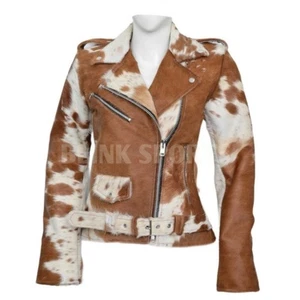 Chaqueta de cuero de vaca para mujer con pelo marrón blanco genuino estilo motociclista ropa de calle - Imagen 1 de 3