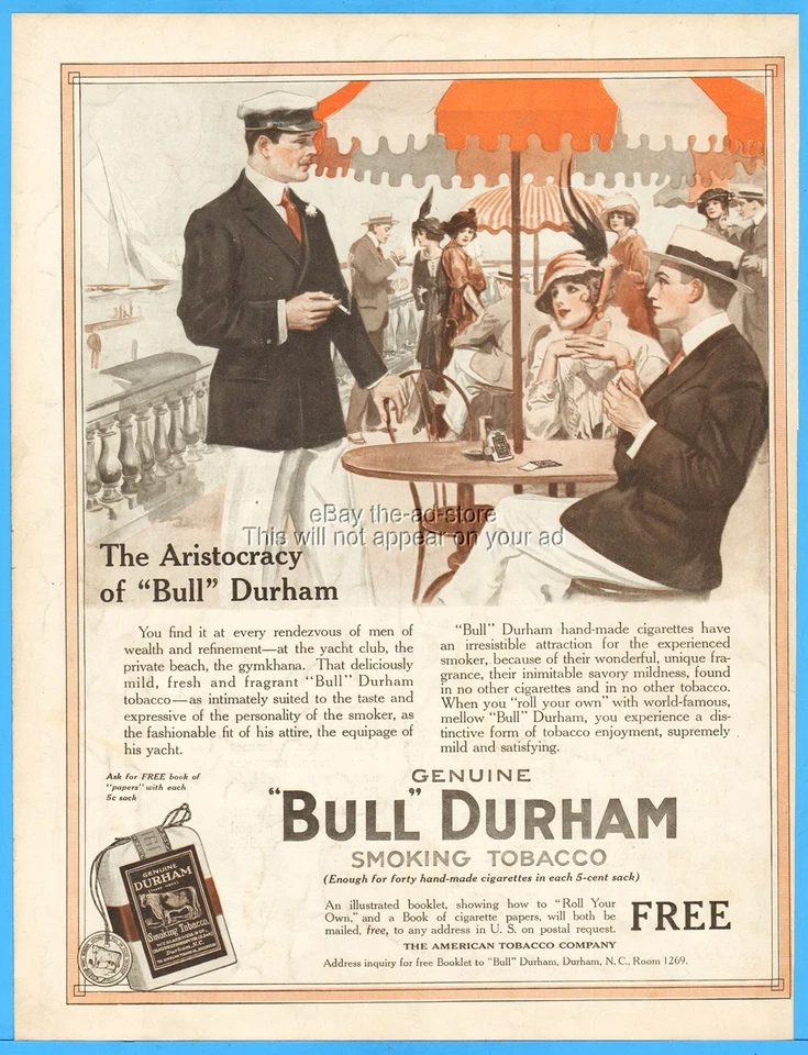 Bull Durham Tobacco 1914 W T Blackwell North Carolina Muselina Saco Club Anuncio Foto 1 de 1