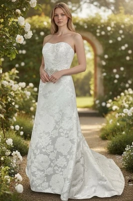 Strapless Wedding Dress Floral Lace Applique Beaded Bridal Gown - Image 1 of 4