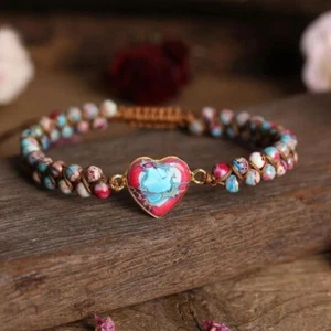 Galaxy Sea Sediment Jasper Heart Charm Braided Bracelet Gift for Anxiety Relief - Picture 1 of 6