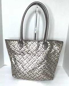 Elliot Lucca Large Metallic Bronze Shoulder Tote Bag Shopper Leather Woven - Picture 1 of 14