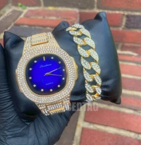 Herren Hip Hop simuliert Bling Diamant vergoldet Metall Uhr & Iced Armband Set - Bild 1 von 8