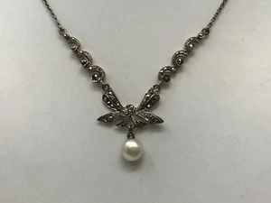 Vintage 925 Silver Marcasite & Pearl Chain Pendant Set - Picture 1 of 3