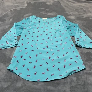 Everly Top Womens Size Med Button Adjustable Sleeves Teal Pink Horse Print - Picture 1 of 7