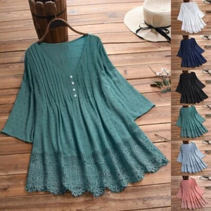 Plus Size 20-28 Womens Lace Tunic Tops Ladies V Neck Baggy Casual T Shirt Blouse - Picture 1 of 27
