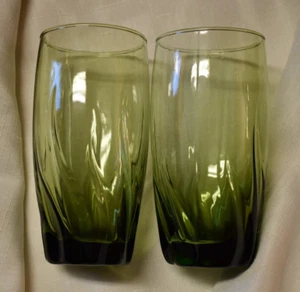 2 ~ ANCHOR HOCKING STARFIRE/CENTRAL PARK Olive Green Glasses Tumblers VTG 1970s - Picture 1 of 6