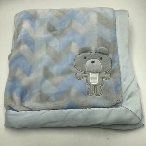Baby Essentials Blue Gray Bear Baby Blanket Chevron Zig Zag Plush  - Picture 1 of 6
