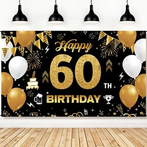 60th Birthday Decoration Men Women Black Gold Fabric Happy 60th Birthday Bann... - Picture 1 of 6