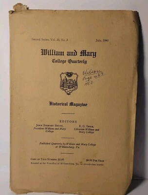WILLIAM & MARY COLLEGE QUARTERLY Jul.1940-Genealogy/Map/History/Research/RARE! - Image 1 of 4