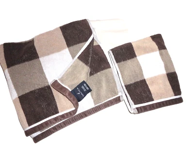 NAUTICA PLAID JACQUARD BROWN TAN WHITE (2PC) BATH & HAND TOWEL SET   - Image 1 of 4