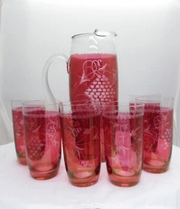Vintage 7 Piece Ruby Red ETCHED GRAPE Beverage Set Pitcher and glasses - Picture 1 of 19