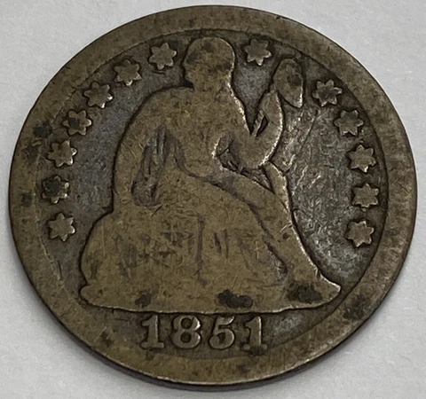 1851-P Seated Liberty Dime 90% Silver, 100+ years Old As Shown Cover