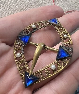 Victorian Belt Buckle Gold Filigree Art Nouveau Blue Glass & Pearls Neat! - Image 1 of 4