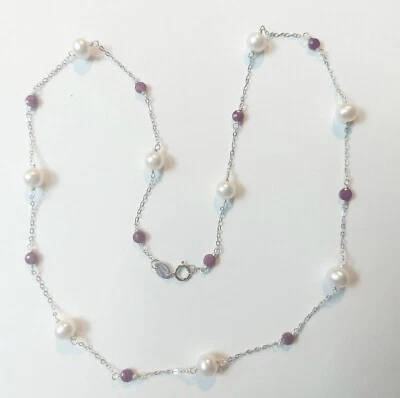 collana in argento 925 con rubini rosso naturale da 3 mm e perle bianche da 6 mm - Immagine 1 di 4