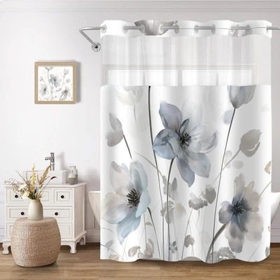 No Hook Boho Floral Shower Curtain Set with Snap-in Liner,Blue Watercolor Flower - Image 1 of 4