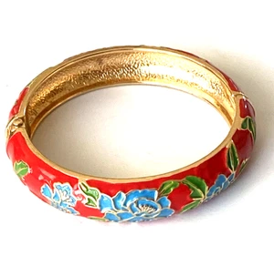 Vintage emaillierter Cloisonne Stil signierter Armreif Armband aufklappbar rot & blau Emaille - Bild 1 von 12