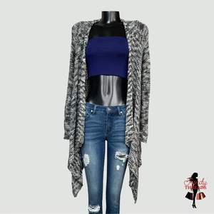 BCBMaxAzria Draped Cardigan Sweater SMALL/MEDIUM Long WaterfallBlack White Gray - Picture 1 of 7