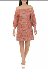 Vince Camuto Schulterfreies Paisley Leinenkleid Puffärmel Orange Rosa 18W - Bild 1 von 10