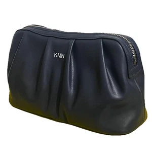 Mark & Graham Navy Pleated Vegan Leather Cosmetic Toiletry Bag Monogram KMN 11x7 - Picture 1 of 10