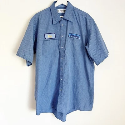 Disneyland Resort Blue White Check Button Up Work Shirt Patches "Dale" Size XL - Image 1 of 4