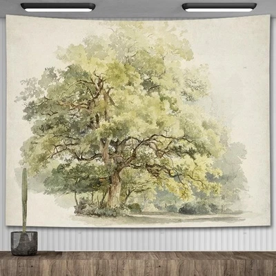 Nature Tapestry Vintage Oak Tree Drawing Wall Hanging Botanical Watercolor - Image 1 of 4
